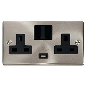 Satin Chrome 13A 2G Switched Socket With 2.1A Usb Outlet – Black