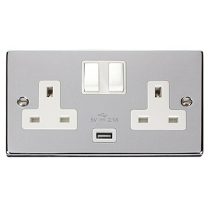 Polished Chrome 13A 2G Switched Socket With 2.1A Usb Outlet – White