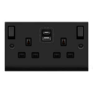 Socket, 2 Gang Switched c/w Twin USB Outlet, Type A & Type C