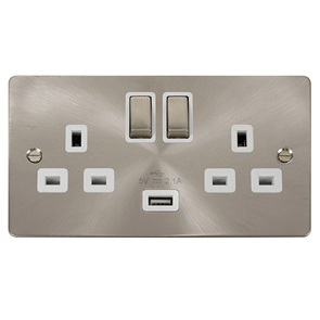 Brushed Stainless Steel 13A 2G Ingot Switched Socket With 2.1A Usb Outlet – Whi