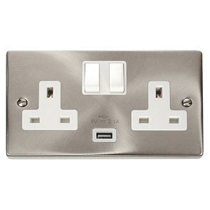 Satin Chrome 13A 2G Switched Socket With 2.1A Usb Outlet – White