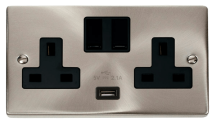 Satin Chrome 13A 2G Switched Socket With 2.1A Usb Outlet – Black