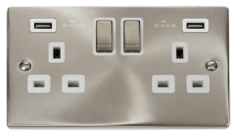 Satin Chrome 13A 2G Ingot Switched Socket With 2 X 2.1A Usb Outlet – White