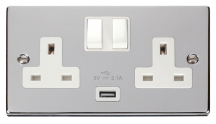 Polished Chrome 13A 2G Switched Socket With 2.1A Usb Outlet – White