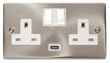 Satin Chrome 13A 2G Switched Socket With 2.1A Usb Outlet – White