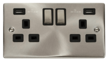 Satin Chrome 13A 2G Ingot Switched Socket With 2 X 2.1A Usb Outlet – Black